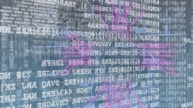 Code overlay shifting after magenta circuits appearing, mapping network over blurred facades