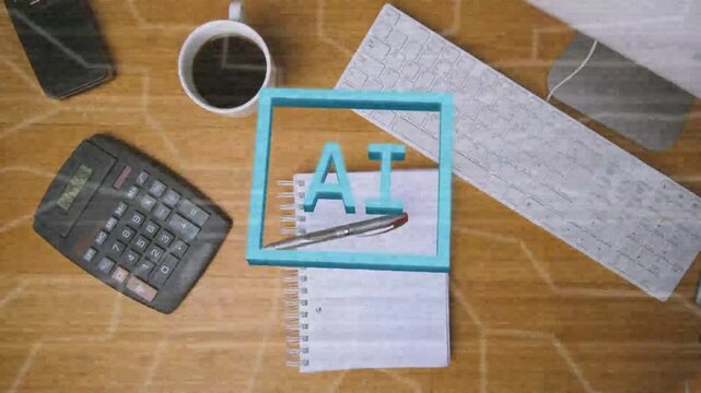 Pen swinging starting turquoise AI frame, AI appearing, lines forming brain, showing AI network