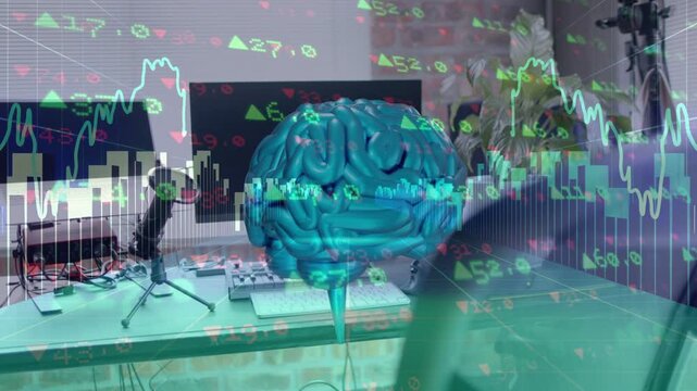 On start teal 3D brain floating, rotating as chart overlays scroll showing market data