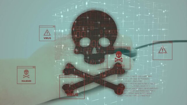 Hand clicking wired mouse, activating skull motif flickering and alerts pulsing, signaling threat