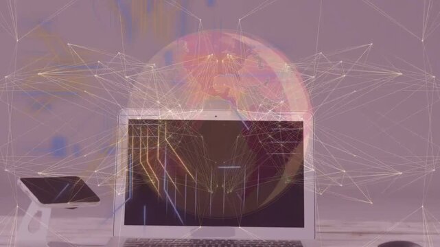 Glowing sphere starting falling over silver laptop merging with screen forming web showing network