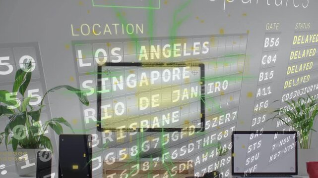 Green plane icon appearing, departures overlay updating and marking delays for tracking flights
