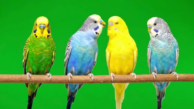 Four vibrant budgerigars showcasing green blue and yellow feathers perched on a wooden stick against a bright green background ideal for pet care and avian themes