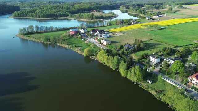 Drone Shot of Lakeside Area with Trees and Farmland &ndash; 4K ProRes