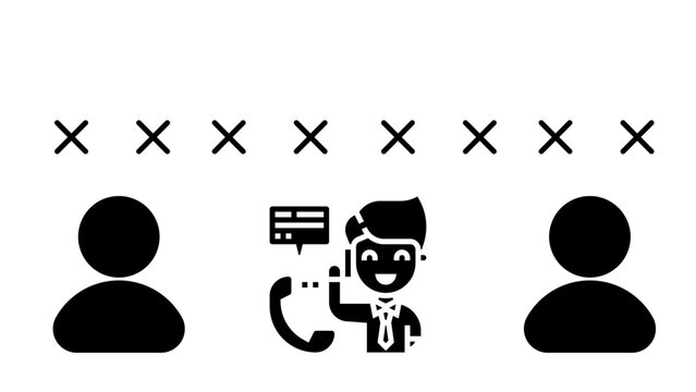Businessman customer service representative icon sits between two anonymous user symbols to illustrate a professional communication feedback loop concept.