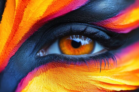 A striking close-up reveals an eye adorned with vivid colors, transitioning from deep blacks to fiery oranges and yellows, creating a bold.