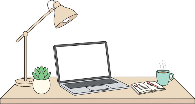Home office desk with laptop, desk lamp, succulent plant, open notebook with pen, and coffee mug, productive workspace, technology, study, freelance remote work.