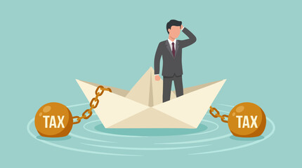 Businessman in paper boat weighed down by heavy tax burden © Mountain Top Studio