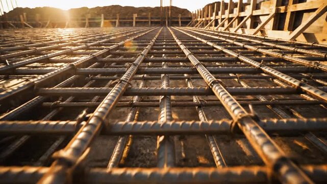 Steel rebar grid on construction site.