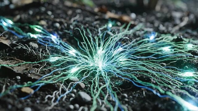 Glowing fiber optic plant roots spreading in soil with digital ecosystem and cybernetic nature concept