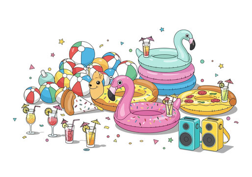 Summer pool party items composition with various inflatable toys, cocktails, and music speakers.