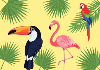 Obraz premium Tropical birds including toucan, flamingo, and parrot amidst palm leaves.