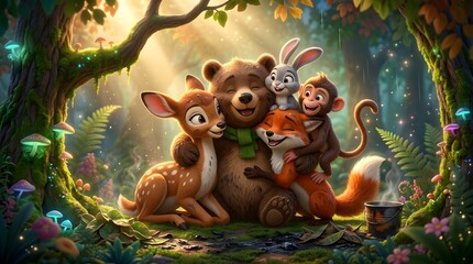 Obraz premium Cute cartoon animals in a happy forest scene