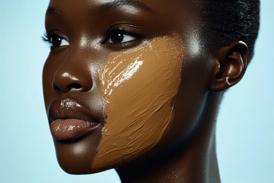Glowing beauty with half a face covered in a smooth, matching skin foundation on a light blue backdrop for a beauty shoot. A closeup shot.