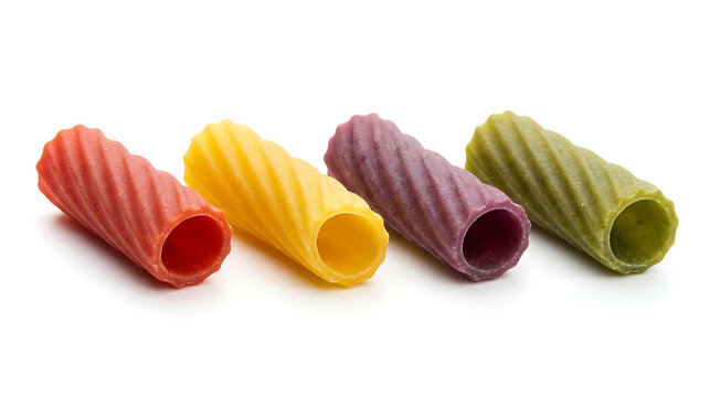 Assortment of brightly colored rigatoni pasta tubes on a clean white background