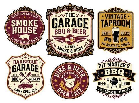 Retro BBQ and Beer Restaurant Signs Set - Classic Smokehouse, Garage, Taproom, Ribs & Beer, Barbecue Garage Designs