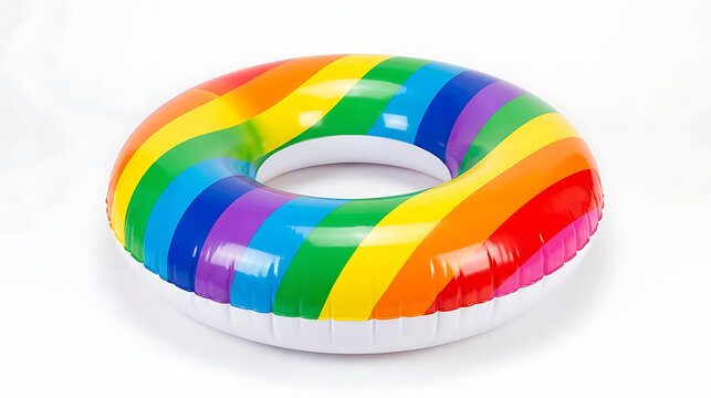 Bright rainbow colored inflatable swim ring or float on a white background