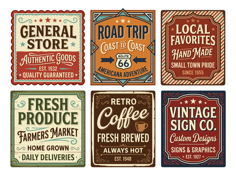 Collection of vintage signs for General Store, Road Trip, Local Favorites, Fresh Produce, Retro Coffee, and Vintage Sign Co