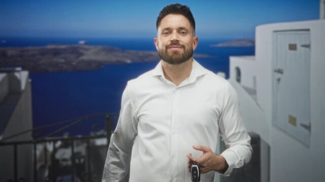 Hispanic man holding car keys and making ok sign on white building terrace overlooking blue sea and island; confidence travel vacation.