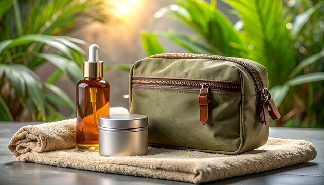 Grooming kit with serum, balm, bag and towel against leafy backdrop