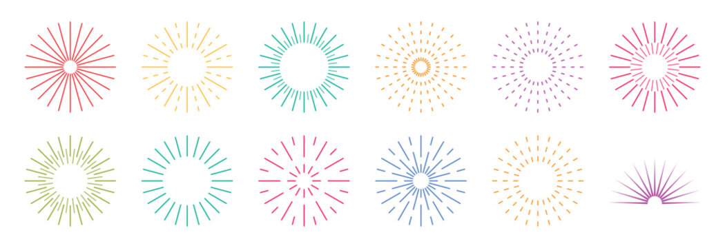 Set of twelve multicolored sunburst and radiant starburst isolated on transparent background