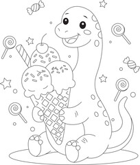Cute dinosaur eating ice cream, coloring page © MdSanoarulIslam