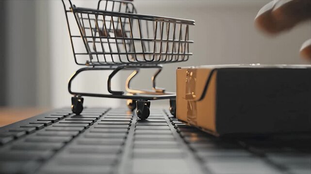 Close-up of a hand placing a small package into a shopping cart positioned on a keyboard, with soft lighting creating a warm atmosphere in an indoor setting