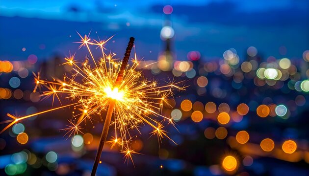 Sparkling sparkler ablaze against a blurred city skyline at dusk