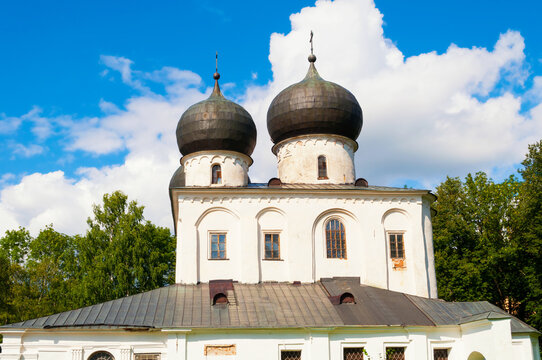 Veliky Novgorod, Russia. Domes of Cathedral of the Nativity of our Lady in St Anthony monastery, facade view
