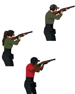 Vsai diverse shooters practicing clay pigeon target shooting