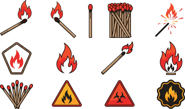 Burning Matchstick and Fire Hazard Vector Icon Set on White Background