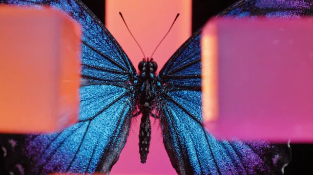 Vibrant Blue Morpho Butterfly Macro, Stunning Iridescent Wings, Abstract Pink Background