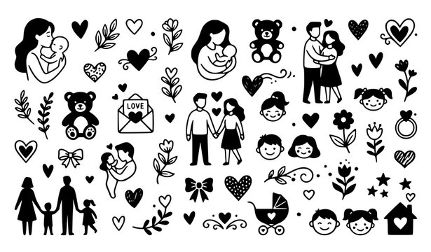 Black and white love family and motherhood icon collection with hearts flowers children and teddy bears