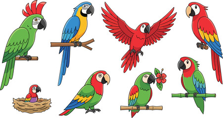 Colorful Parrot Icon Set Featuring Macaws, Parrots, and Tropical Birds on Branches, Nests, and Flowers for Animal and Nature Designs © MdMojnu
