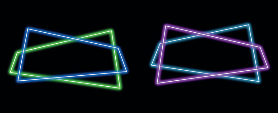 Double overlapping neon geometric frames in blue green and purple colors on black background, glowing intersected borders for text, vibrant futuristic light box designs.