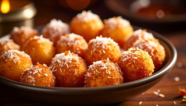 Golden fried dough balls topped with coconut flakes in brown bowl on wood