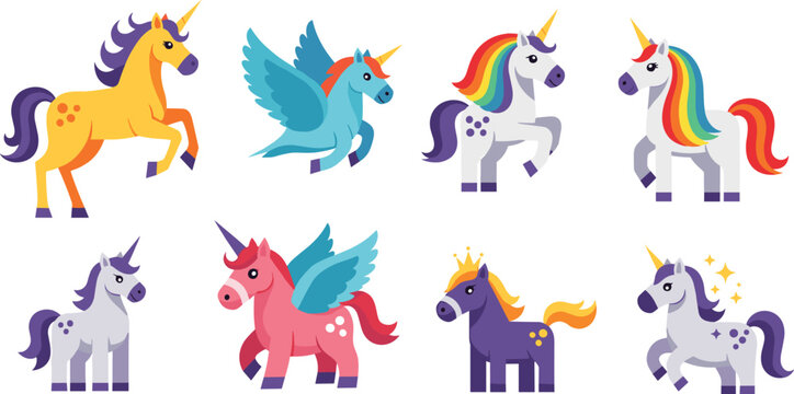 Colorful Unicorn Icon Set with Horn, Wings, Rainbow Mane, and Sparkles for Fantasy, Magical, and Dreamy Designs