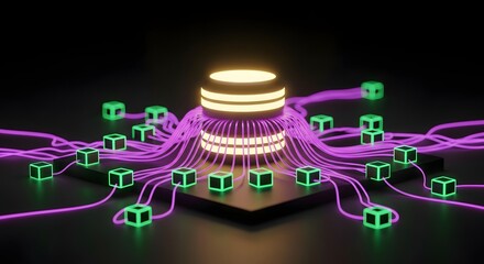 Fototapeta premium 3D Render of Futuristic Microchip with Glowing Neural Network Connections