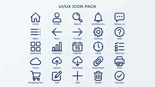 A comprehensive UI/UX icon pack featuring a variety of essential user interface elements and functionalities in a clean, minimalist line art style.