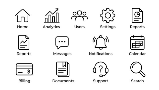 Set of line icons for web and mobile applications, including home, analytics, users, settings, reports, messages, notifications, calendar, billing, documents, support, and search functions.