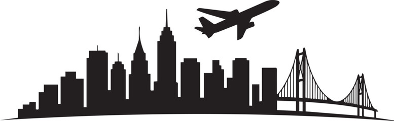 Fototapeta premium Black silhouette of a city skyline with a plane flying overhead and a bridge on the right isolated on white background