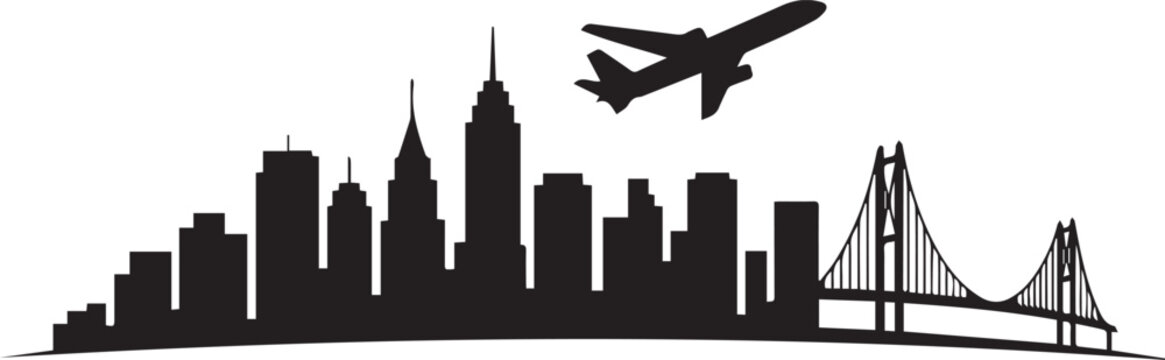 Black silhouette of a city skyline with a plane flying overhead and a bridge on the right isolated on white background