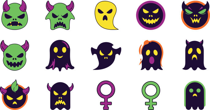 Halloween Ghost and Monster Cartoon Vector Icon Set on White Background