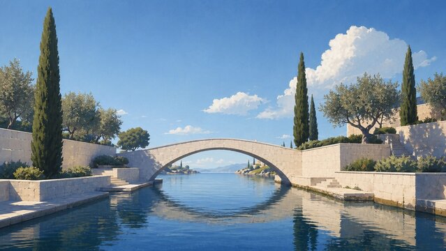 White stone bridge crossing a calm canal between Mediterranean terraces and olive trees.