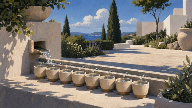 A row of small cups receives equal streams of water from a stone fountain, evoking payroll distribution.