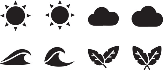 Fototapeta premium Natural Weather & Eco Symbol Vector Set Minimal Sun Cloud Wave and Leaf Icon Collection
