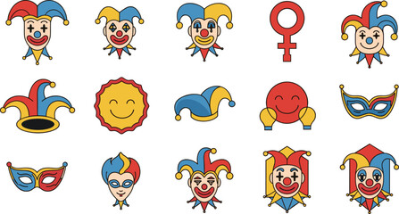 Obraz premium Jester Clown and Carnival Mask Vector Icon Set on White Background