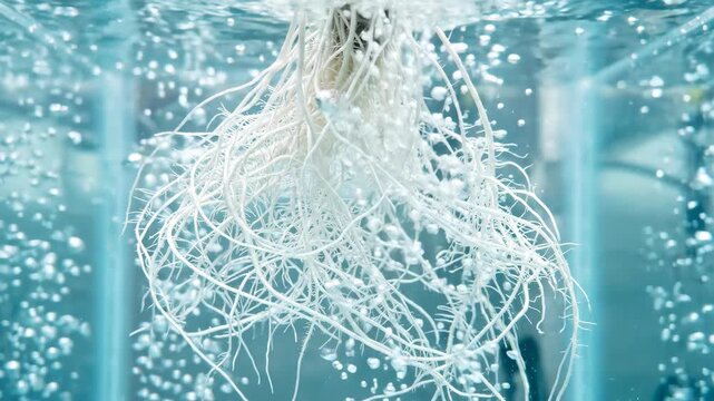 Dense White Plant Roots Suspended in Oxygenated Nutrient Solution with Rising Air Bubbles, Sustainable Agriculture Technology