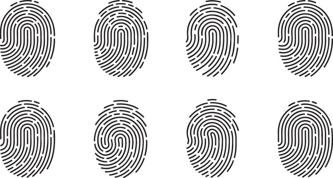 Set of fingerprint icons, collection of different fingerprint patterns, vector illustration