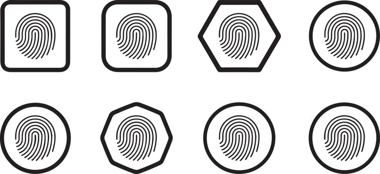 Set of fingerprint icons in different geometric shapes, collection of biometric security signs, vector illustration